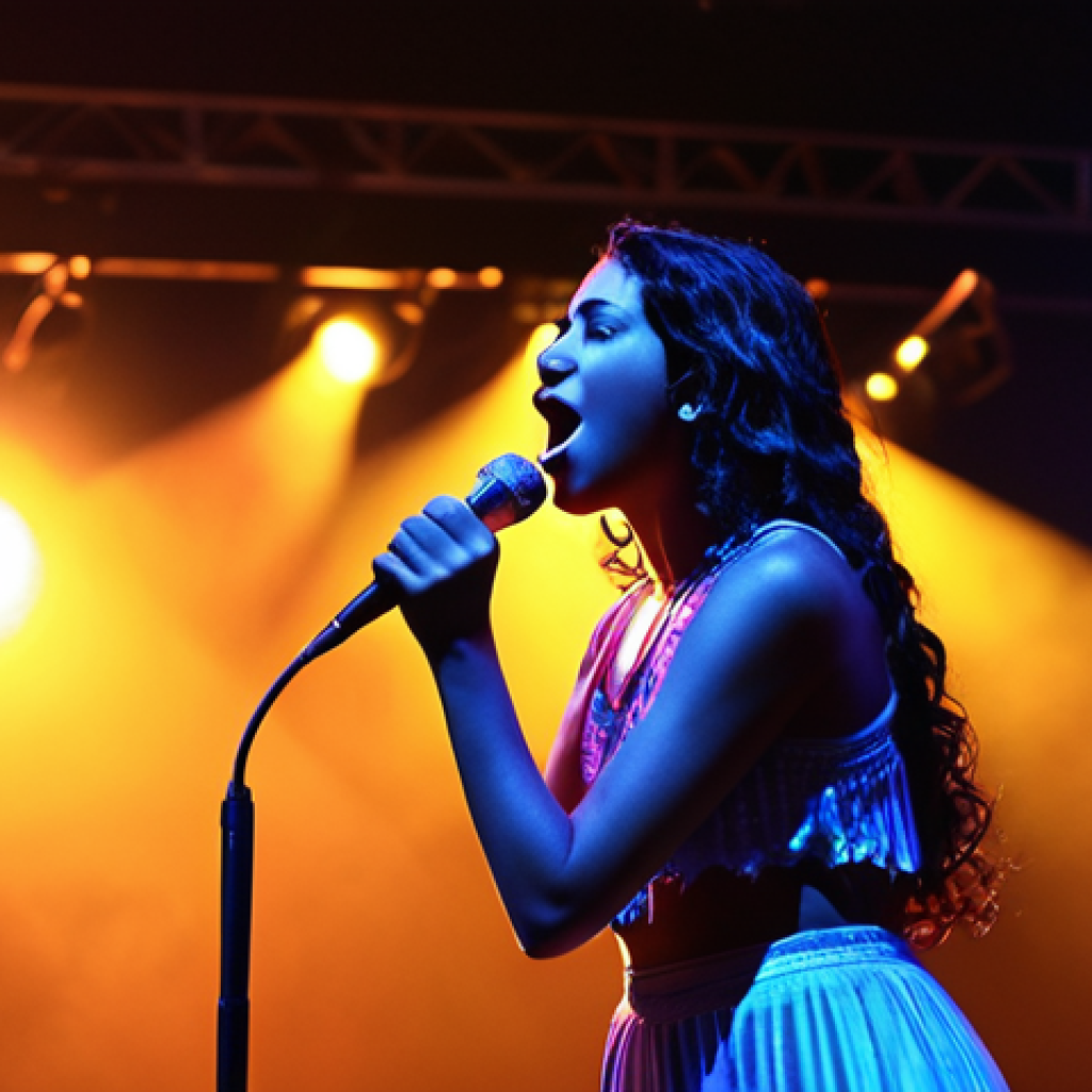 **Hiba Mawella performing on stage, bathed in vibrant stage lights, holding a microphone, with a passionate expression. Audience visible in the background, silhouetted and cheering.** (Focuses on her stage presence and vocal performance.)
