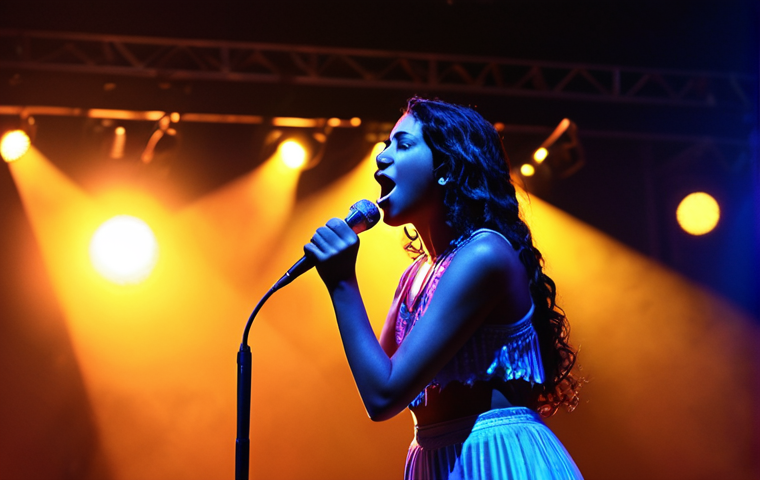 **Hiba Mawella performing on stage, bathed in vibrant stage lights, holding a microphone, with a passionate expression. Audience visible in the background, silhouetted and cheering.** (Focuses on her stage presence and vocal performance.)
