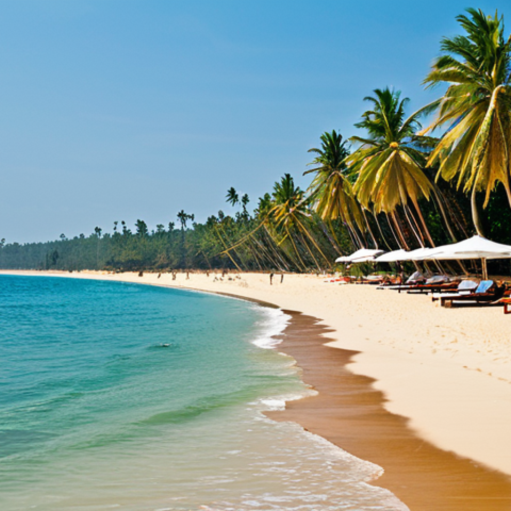Southwestern Beach Scene**

"Golden sandy beach on the southwest coast of Sri Lanka, clear turquoise water, palm trees swaying gently in the breeze, bright sunny day, fully clothed tourists relaxing on the beach, appropriate attire, safe for work, perfect anatomy, natural proportions, professional photograph, high quality"

**