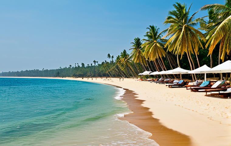 Southwestern Beach Scene**
"Golden sandy beach on the southwest coast of Sri Lanka, clear turquoise water, palm trees swaying gently in the breeze, bright sunny day, fully clothed tourists relaxing on the beach, appropriate attire, safe for work, perfect anatomy, natural proportions, professional photograph, high quality"
**