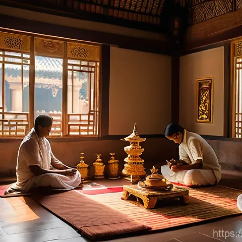 스리랑카의 미신과 신화 - A serene, wide-angle shot of a traditional Sri Lankan family, including parents and a child wearing ...