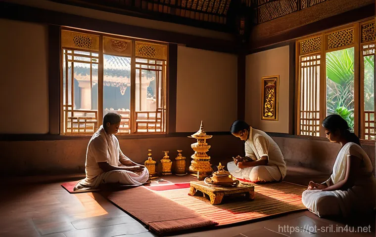 스리랑카의 미신과 신화 - A serene, wide-angle shot of a traditional Sri Lankan family, including parents and a child wearing ...