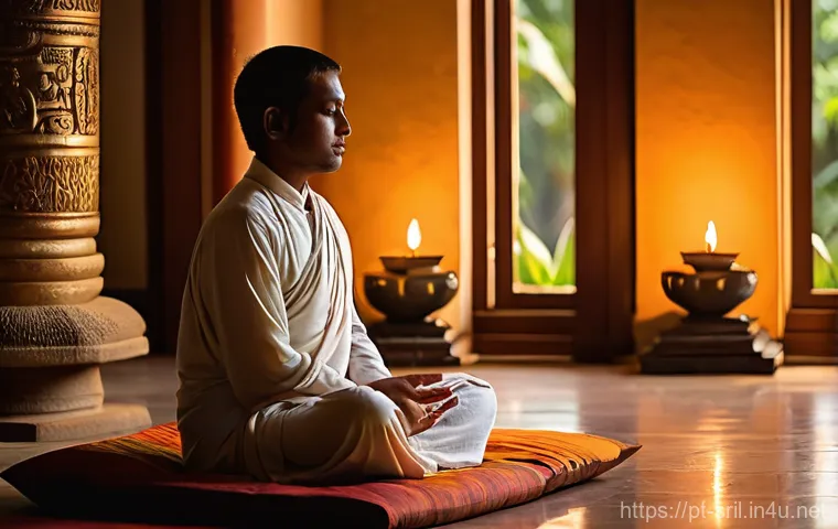 스리랑카에서 배우는 불교 철학 - **Prompt 1: Serene Contemplation in a Sri Lankan Buddhist Temple at Sunset**
A tranquil scene in...