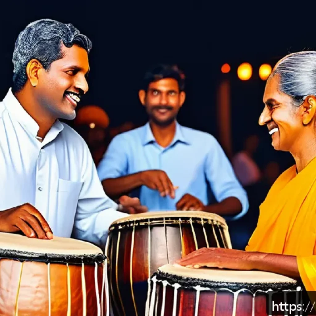 스리랑카의 전통악기 소개 - A vibrant and detailed scene depicting a traditional Sri Lankan festival where a group of musicians ...