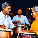 Home 18 스리랑카의 전통악기 소개 - A vibrant and detailed scene depicting a traditional Sri Lankan festival where a group of musicians ...