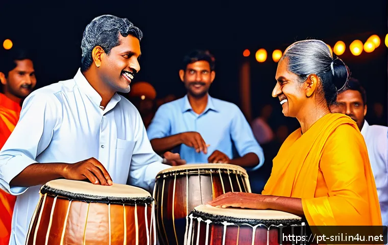 스리랑카의 전통악기 소개 - A vibrant and detailed scene depicting a traditional Sri Lankan festival where a group of musicians ...