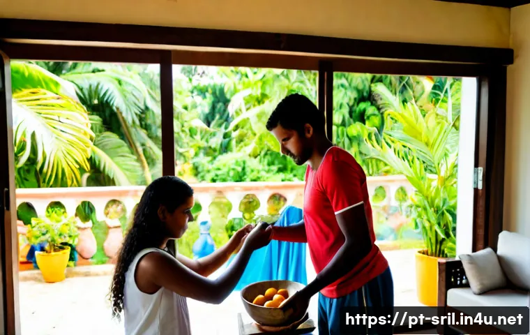 스리랑카로 이주한 해외 이민자 이야기 - Photorealistic editorial lifestyle scene of a Brazilian immigrant family settling into a bright rent...
