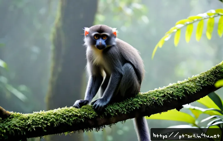 Home 17 스리랑카의 특이한 동물 종 - Photorealistic Sri Lankan purple-faced leaf monkey perched quietly on a mossy rainforest branch, exp...